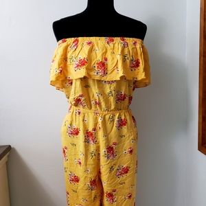 IVY + Main sleeveless yellow floral ruffle XL jumpsuit pockets wide leg summer